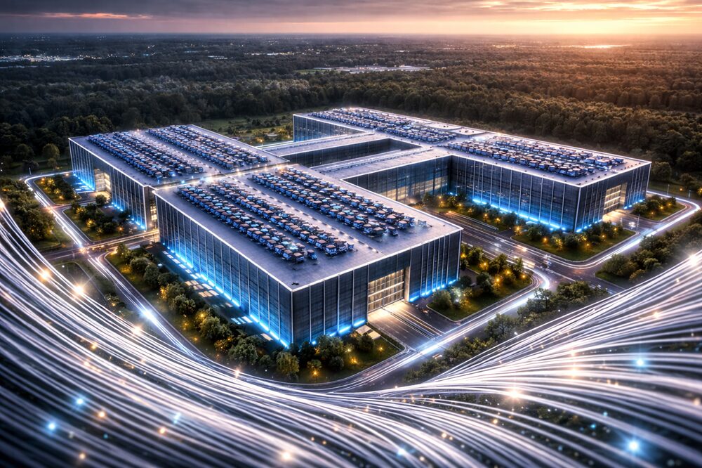 un centre de données IA avec des cables en argent métal