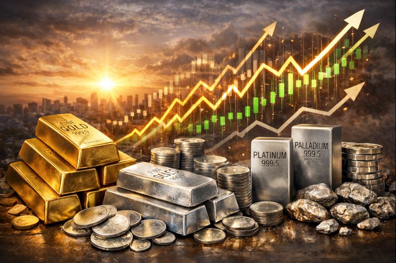 les métaux précieux, l'or, l'argent, les platinoïdes en pleine ascension.