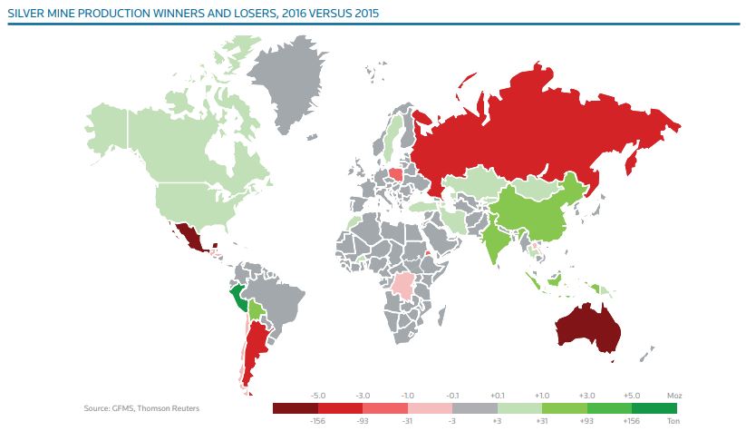 Tendance entre 2015 et 2016 pour les pays producteurs d'argent - source Silver Institute