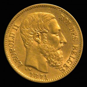 Pièce d'or Belge issue de l'Union Monétaire Latine - Léopold II 1871 - avers