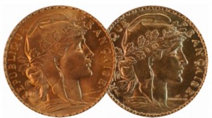 Pièces d'or Marianne Coq 20 Francs. D'origine et refrappe