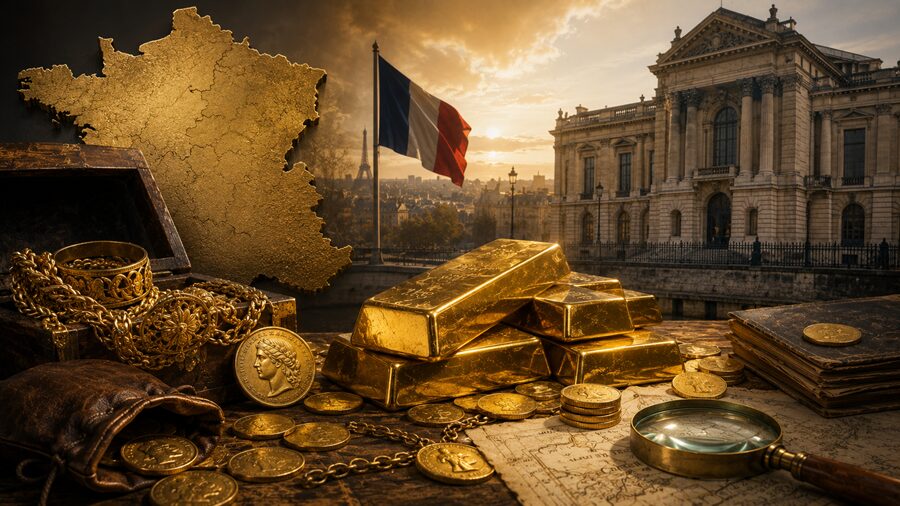 l'or des français : des bijoux, des lingots, des pièces d'or.